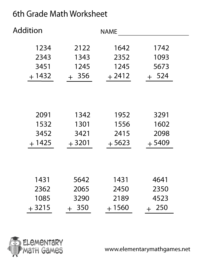 Sixth Grade Addition Worksheet