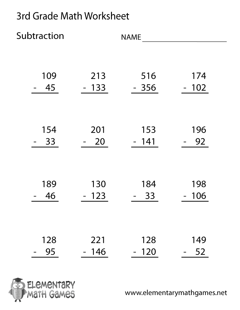 Free Printable Subtraction Worksheet for Third Grade worksheets, math worksheets, free worksheets, worksheets for teachers, and multiplication Subtraction Worksheets For Third Grade 1035 x 800