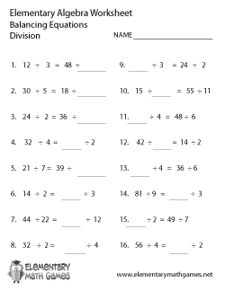 Elementary Algebra Division Worksheet