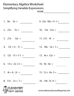 Elementary Algebra Variable Expressions Worksheet