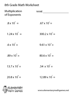 Eighth Grade Multiplication of Exponents Worksheet
