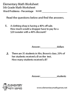 Fifth Grade Percentage Word Problems Worksheet