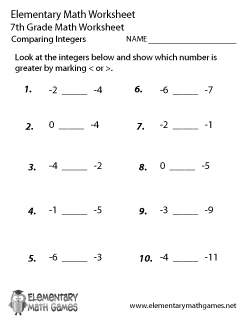 Seventh Grade Comparing Integers Worksheet