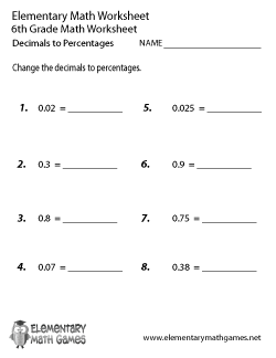 Sixth Grade Decimals to Percentages Worksheet