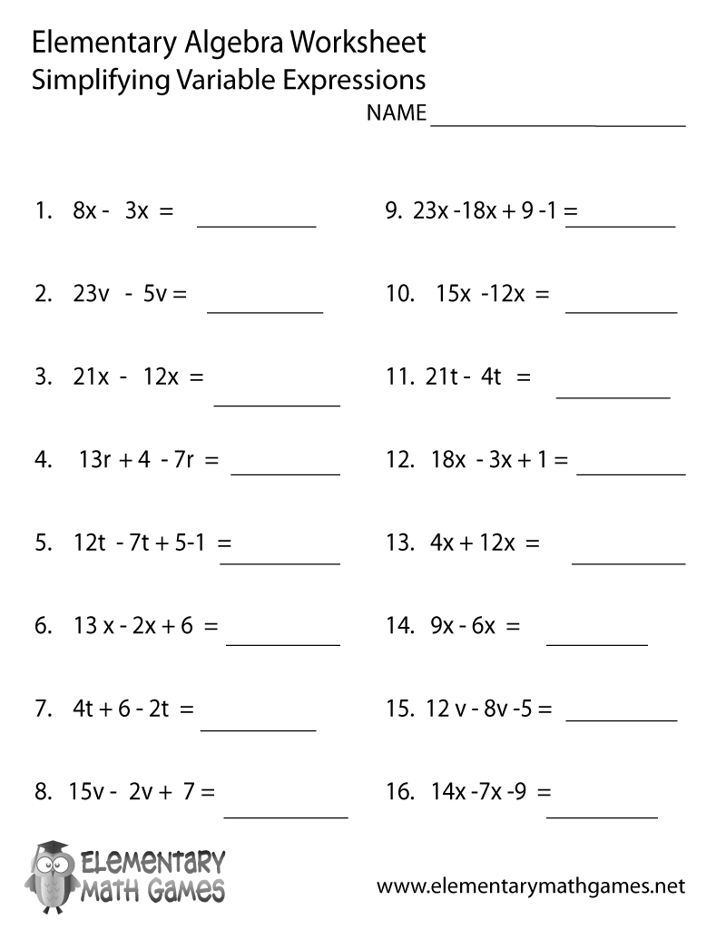 Elementary Algebra Variable Expressions Worksheet Within Simplifying Linear Expressions Worksheet