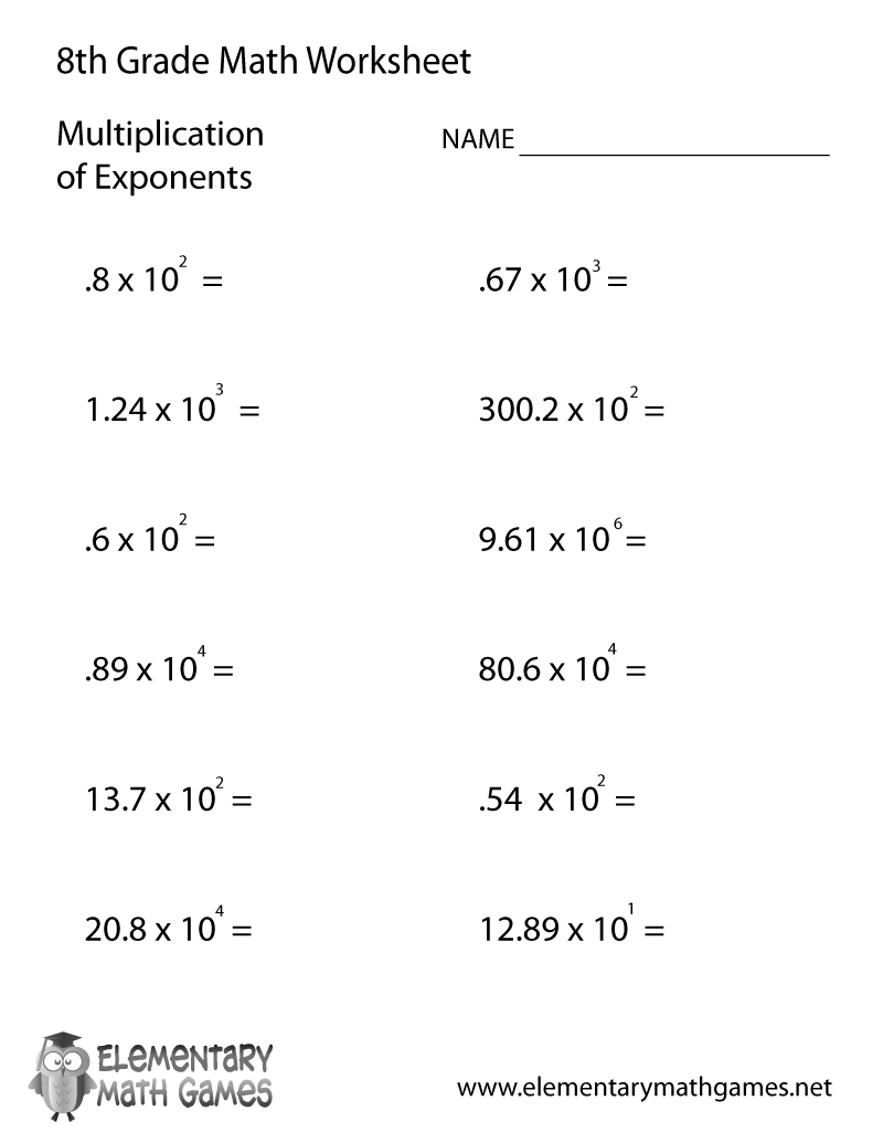 Eighth Grade Multiplication of Exponents Worksheet Printable