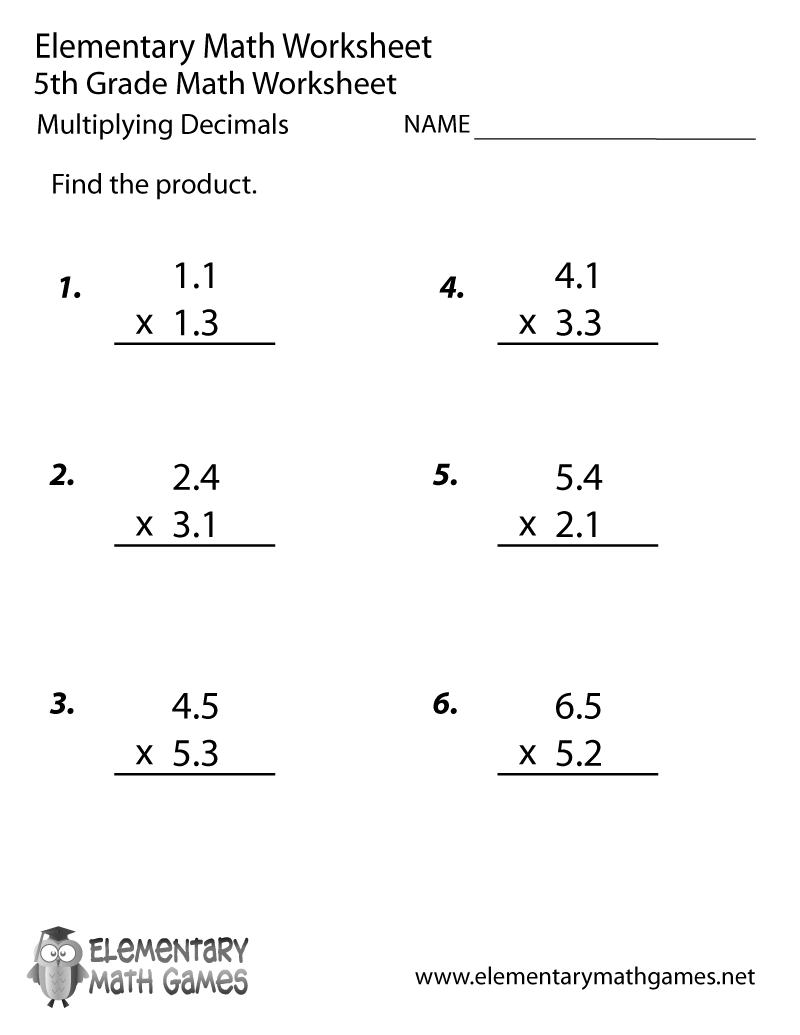 Fifth Grade Decimals Multiplication Worksheet Printable