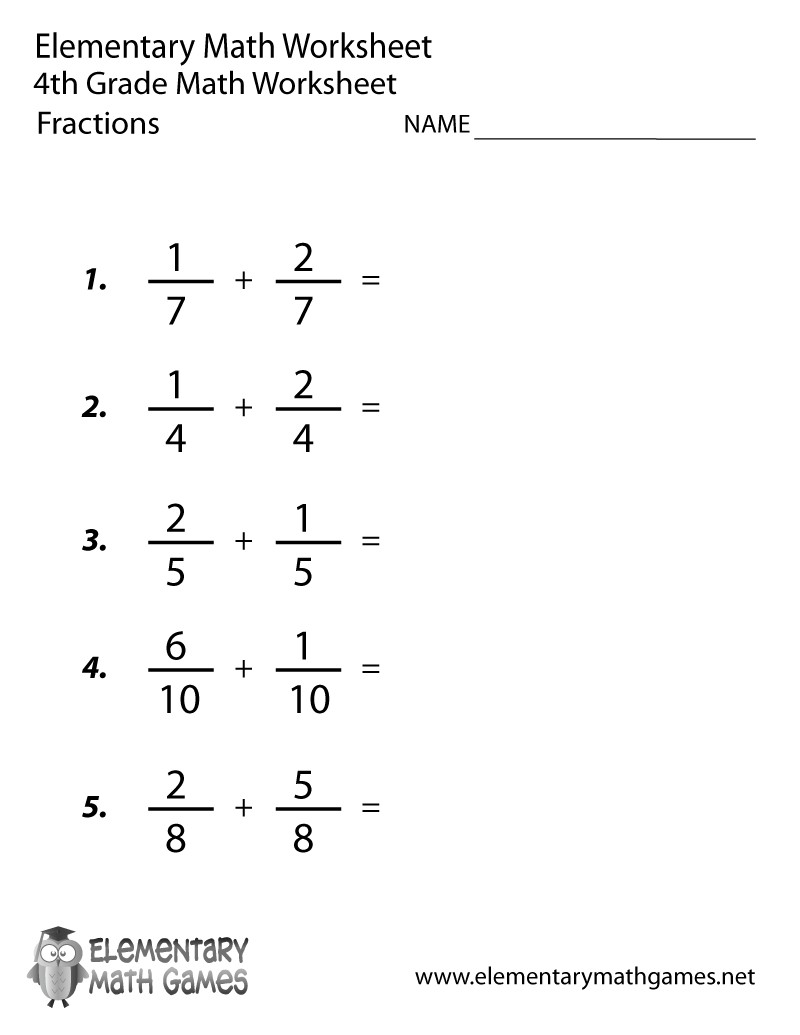 Fourth Grade Adding Fractions Worksheet Printable