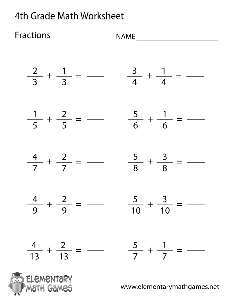 Fourth Grade Learning Fractions Worksheet Printable