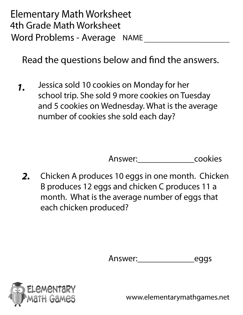 Fourth Grade Word Problems Worksheet Printable