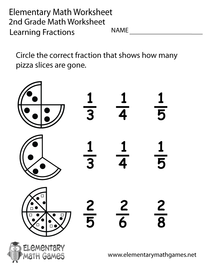 Second Grade Learning Fractions Worksheet Printable