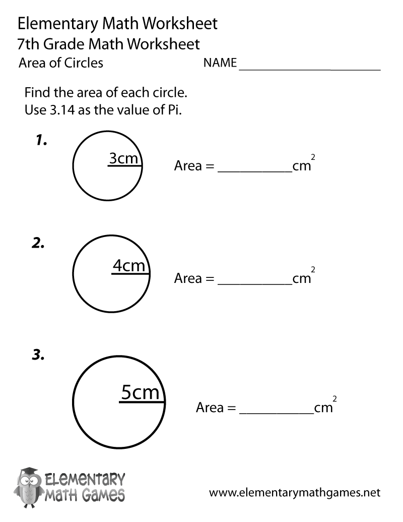 Seventh Grade Area of Circles Worksheet Printable