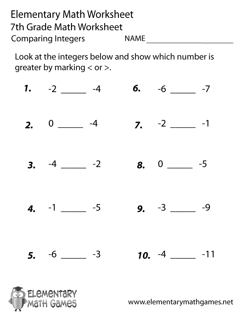 Seventh Grade Comparing Integers Worksheet Printable