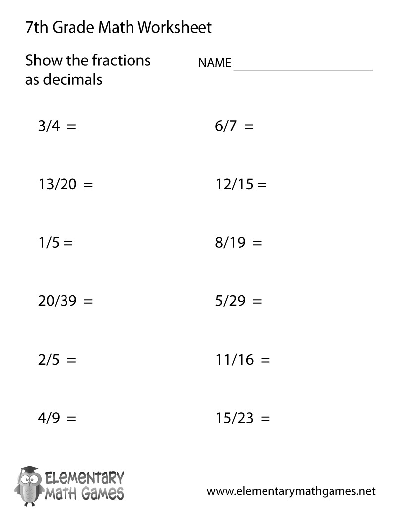 Seventh Grade Fractions and Decimals Worksheet Printable