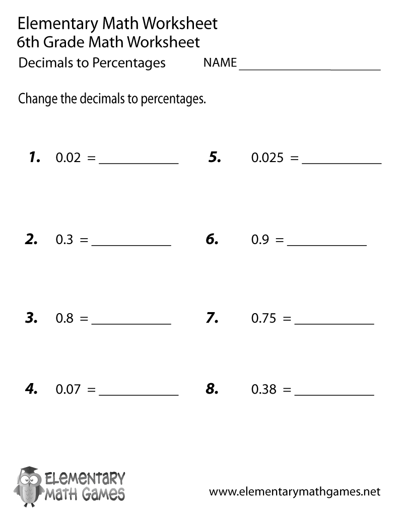 Sixth Grade Decimals to Percentages Worksheet Printable