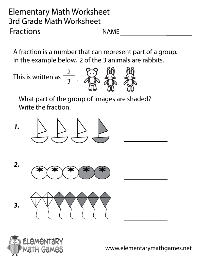 Third Grade Fractions Worksheet Printable